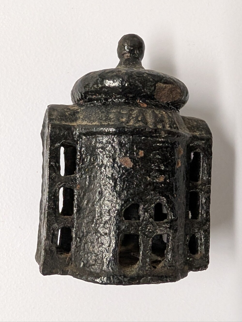 antique CAST IRON MINI BANK penny bank building